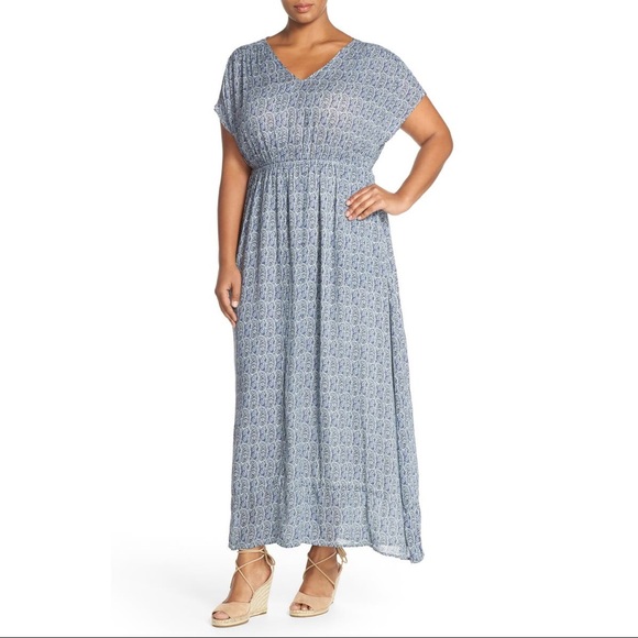 NWT Lucky Brand Paisley V Neck Short Sleeve Maxi Dress Blue - Picture 2 of 3